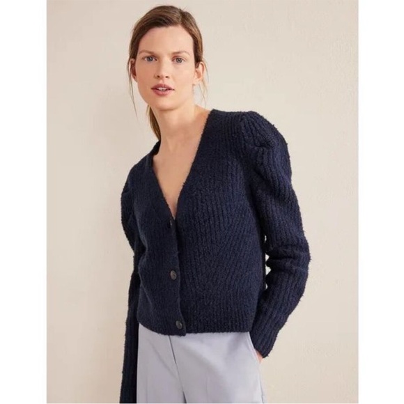 Boden Engineered Rib Knit Vneck Button Cardigan Cotton Wool Blend Navy Size M - Picture 4 of 6